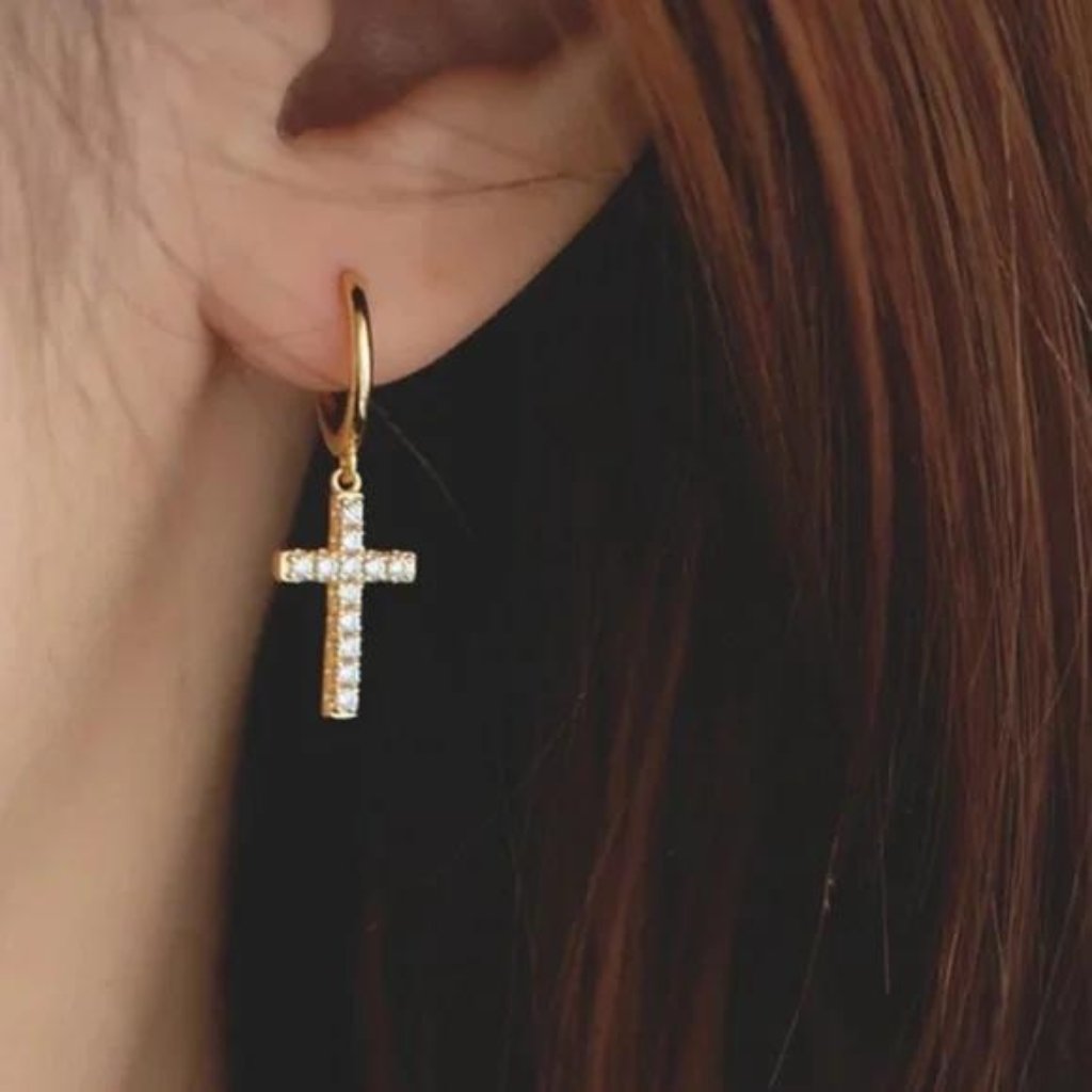 18k Gold Shiny Cross Earrings, Nice Earrings, Cute Earrings